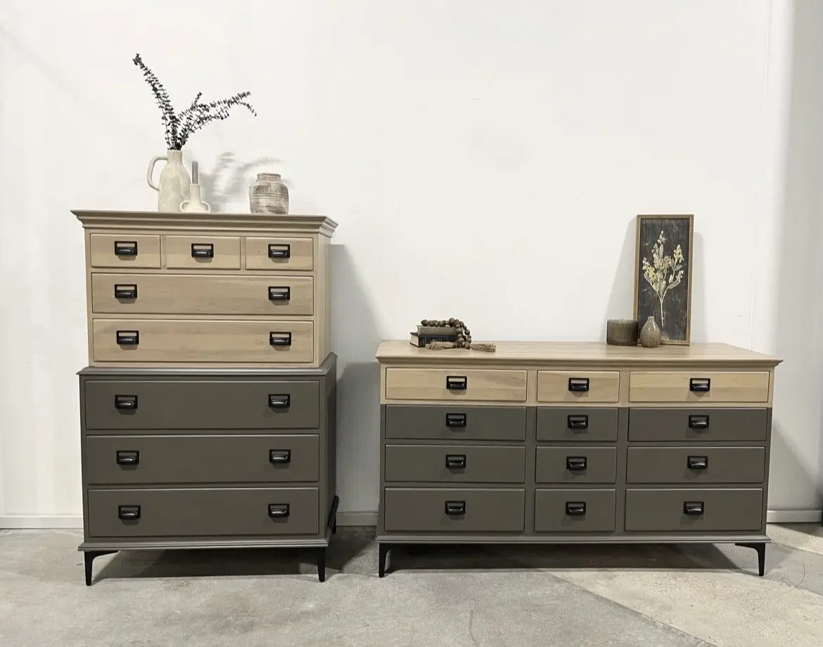 A dresser and chest of drawers in a room.