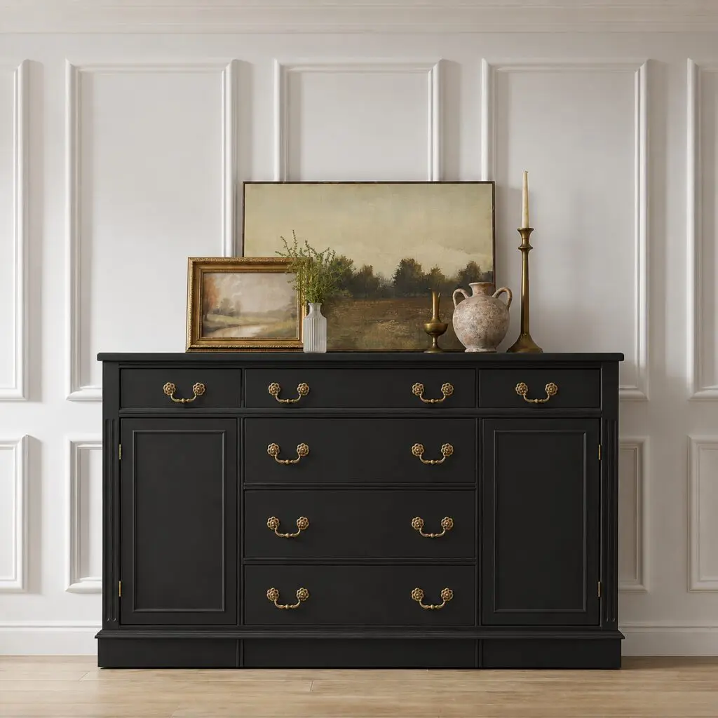 Black vintage sideboard with brass hardware