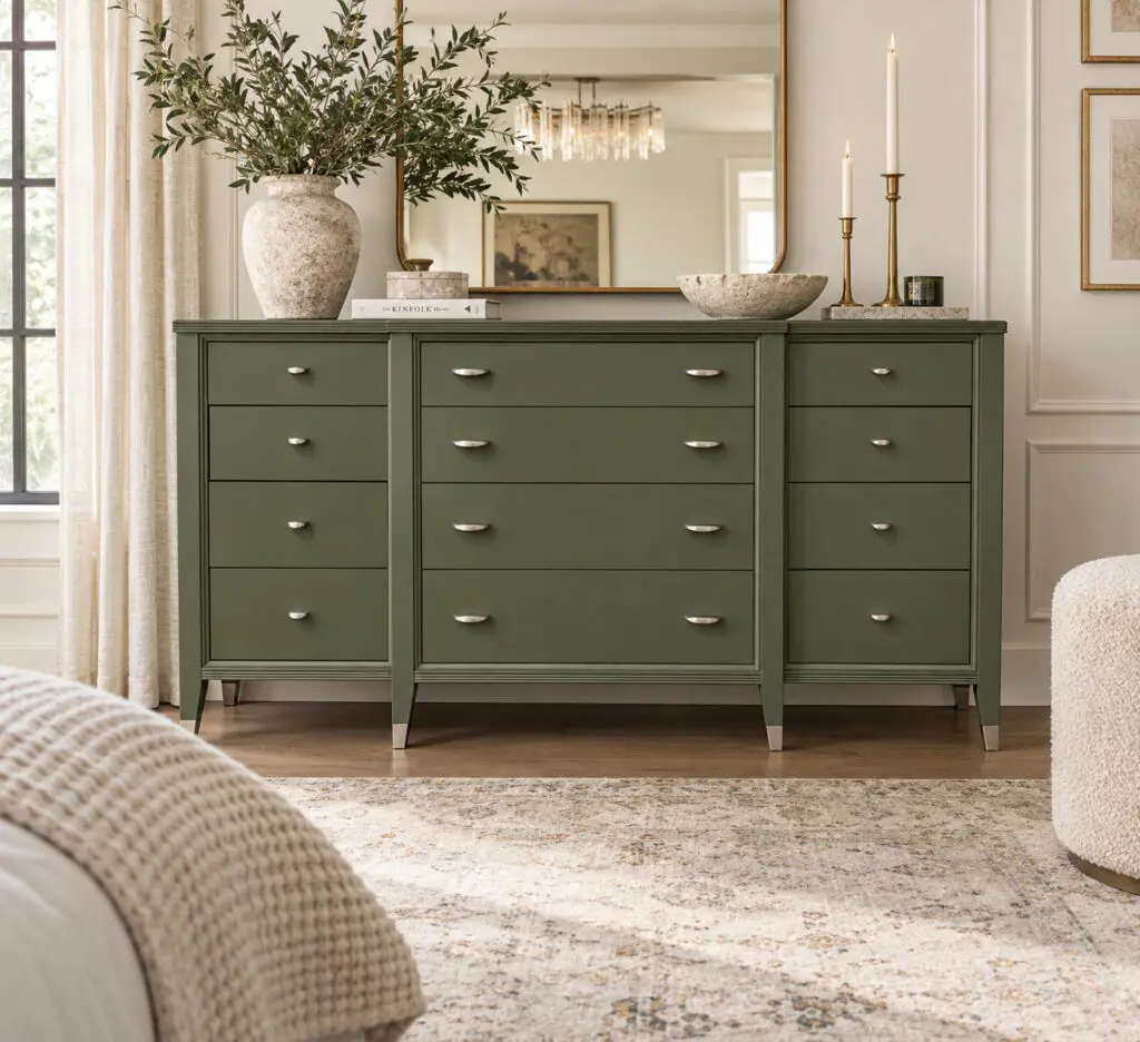 Olive green bedroom dresser with mirror